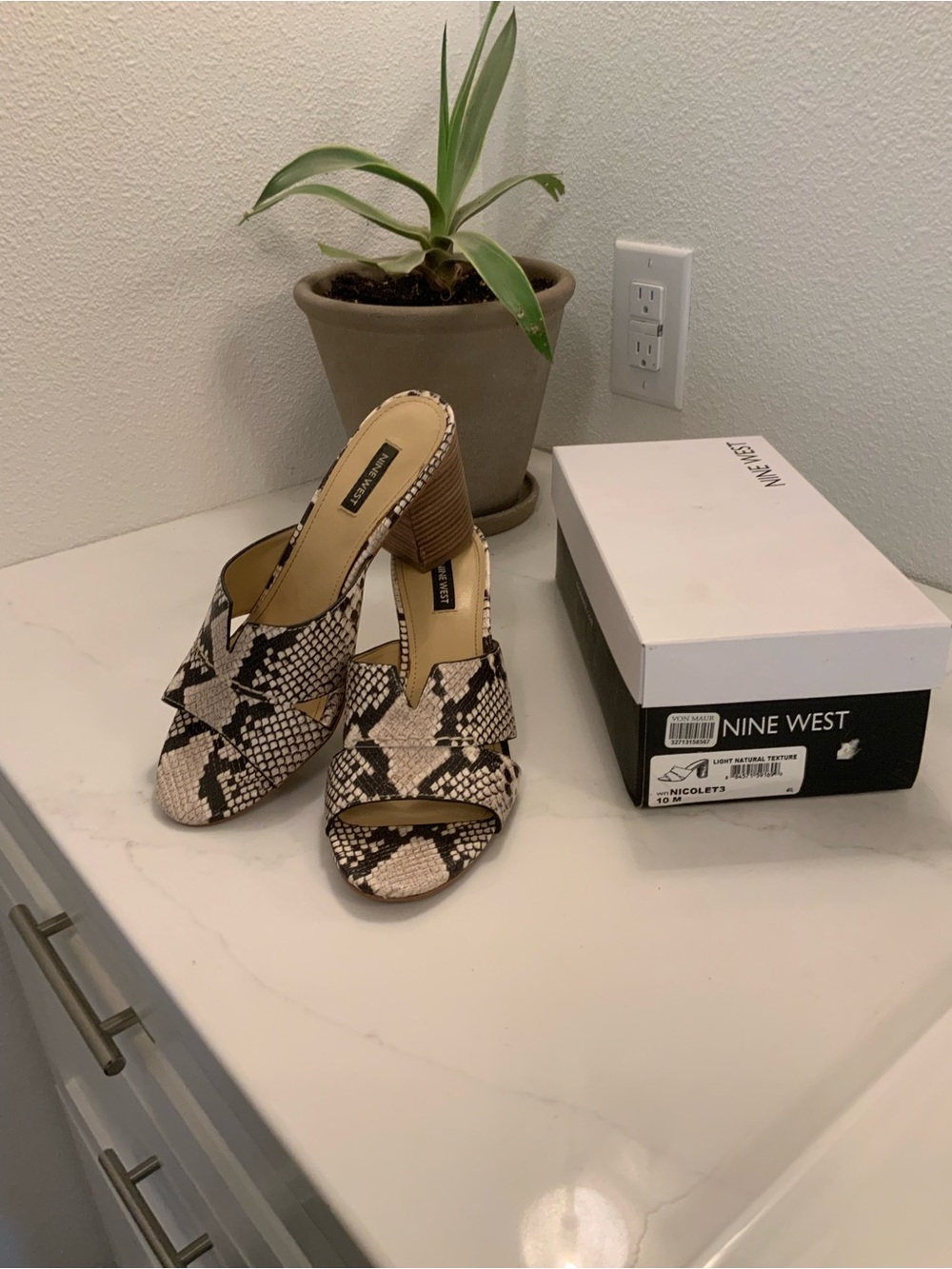 Nine West Snake-Print Open-Toe Block Heel Mules - Black & Cream